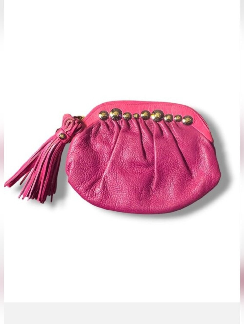 HENRI BENDEL VINTAGE FUCHSIA Leather Studded Clutch Bag with Tassel (RARE)